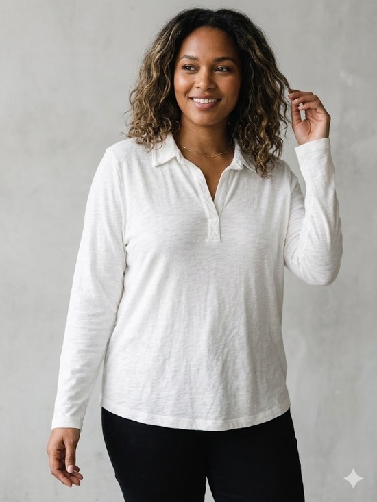 Velvet Tops - Velvet by Graham & Spencer, White Cotton Long-Sleeve Polo Top, Size Large